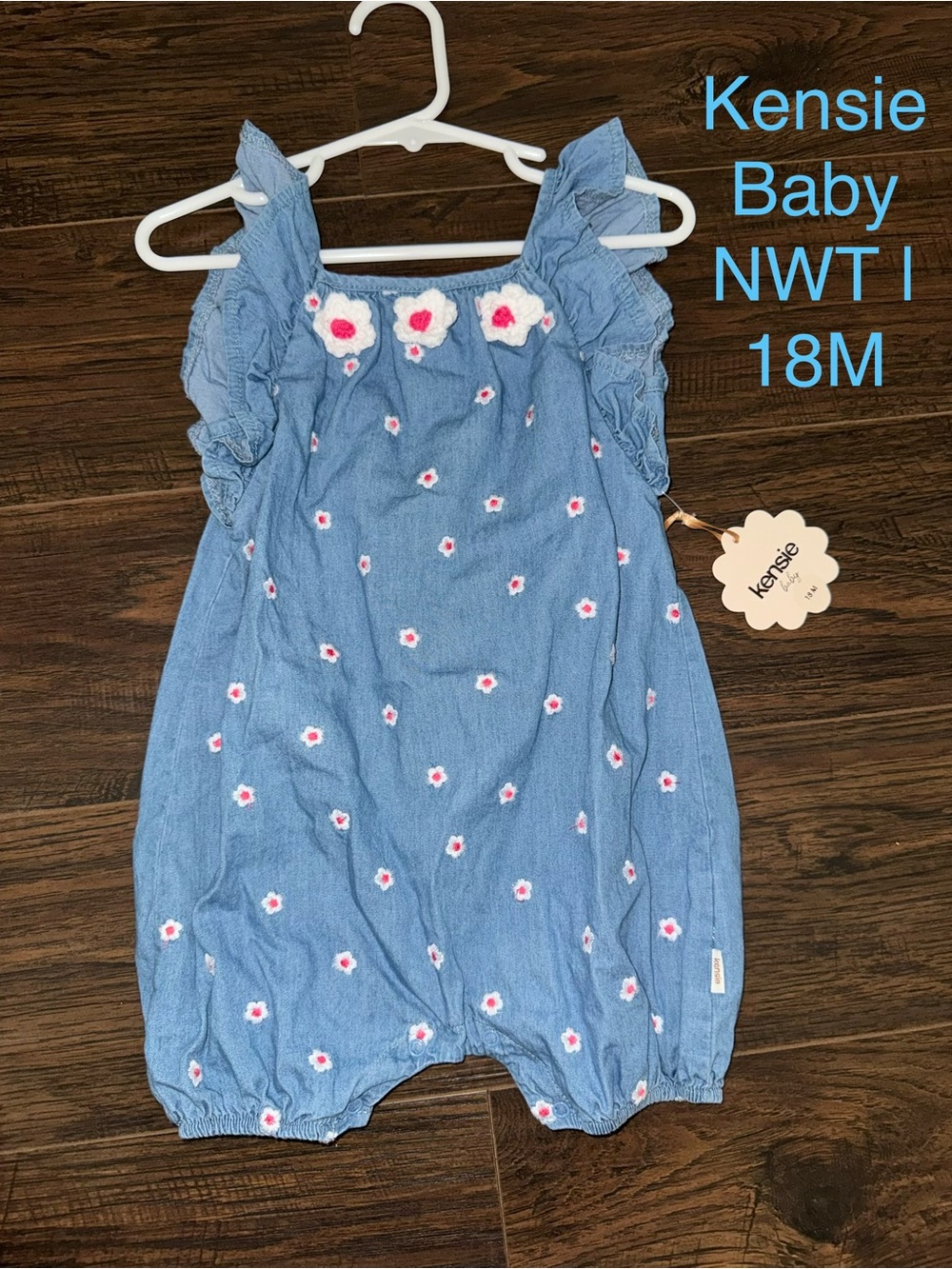 Kensie Baby Blue Denim Dress with White & Pink Crochet Flowers